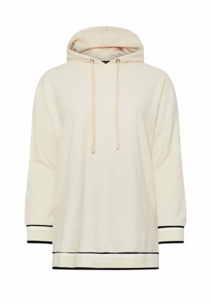 Cremefarbener Kapuzenpullover aus strukturiertem Stoff, mit schwarzem Besatz an den Bündchen und dem Saum sowie verstellbaren Kordeln an der Kapuze.
