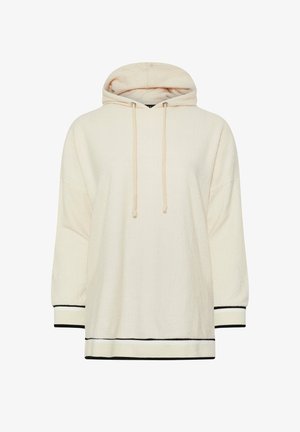 Cremefarbener Kapuzenpullover aus strukturiertem Stoff, mit schwarzem Besatz an den Bündchen und dem Saum sowie verstellbaren Kordeln an der Kapuze.