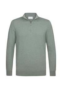 Hellgrüner Pullover aus weichem Strickmaterial, verfügt über einen praktischen Viertel-Reißverschlusskragen sowie gerippte Bündchen und Saum. Minimalistisches Design.