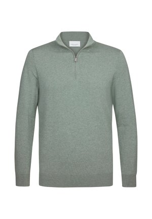Lichtgroene pullover trui van zacht gebreid materiaal, met een halvelange rits bij de hals en geribbelde manchetten en zoom. Minimalistisch ontwerp.