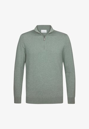 Lichtgroene pullover trui van zacht gebreid materiaal, met een halvelange rits bij de hals en geribbelde manchetten en zoom. Minimalistisch ontwerp.