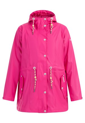 Rózsaszín vízálló dzseki húzózsinórral ellátott kapucnival, patentgombokkal és két elülső zsebbel. Díszítő zsinórral és gyöngyökkel van ellátva.