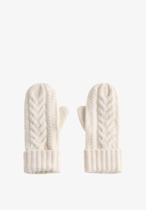 Egy pár krémszínű kötött kesztyű, kábelmintás és bordázott mandzsettával, laposan elhelyezve, az ujjak befelé néznek.