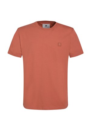 Camiseta de manga corta en color óxido hecha de una mezcla de algodón ligera, con un pequeño logo bordado en el frente y un diseño de cuello redondo.