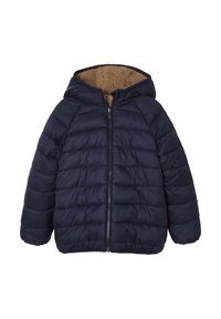 Marineblauer Daunenjacke mit Reißverschluss, Kapuze und braunem Fleece-Futter. Verfügt über ein gestepptes Design und gerippte Bündchen für zusätzliche Wärme.