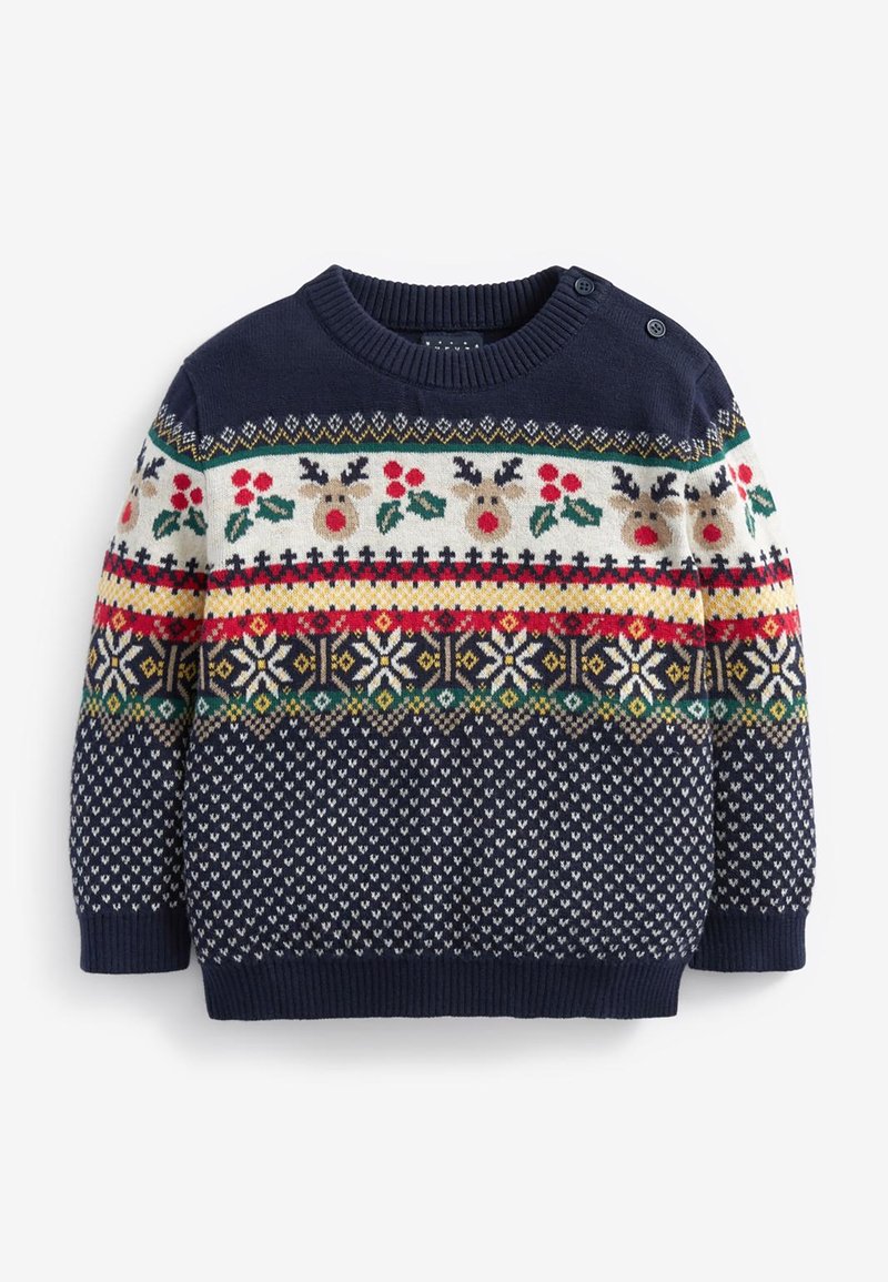 Pull en maille bleu marine avec motifs de rennes, de houx, de flocons de neige et formes géométriques en rouge, blanc, vert et jaune, avec boutons aux épaules.