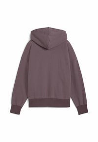 Paarse hoodie van een textuurstof, met een capuchon en een geribbelde zoom. Het heeft losse mouwen en een simpel ontwerp, geschikt voor casual draagwear.