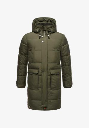 Tumedast oliivrohelisest värvist vahtu täis pikk jope, millel on kõrge krae, ees tõmblukk, nööbid, kaks rinnataskut ja ribakäised.