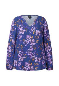 Blusa a maniche lunghe in tessuto blu con motivo floreale, fiori viola e accenti arancioni, scollatura a V e vestibilità rilassata.
