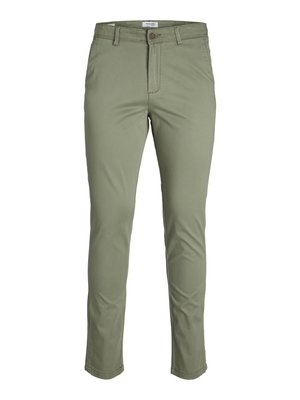 Heledad roheline slim-fit chinos sileda kangaga, nuppula closure ja vöökohaga. Omab lamedat esiosa ja kitsenevaid jalgu.