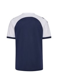 Marinblå och vit sporttröja med korta ärmar, rund halsringning, slät textur och kontrasterande axelpaneler.