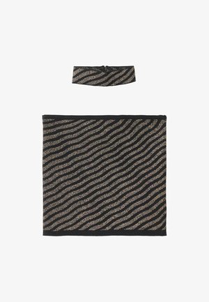 Zestaw czarnego szalika i opaski na głowę z falistym wzorem złotych sparków. Miękka tekstura z elastycznymi paskami dla wygody.