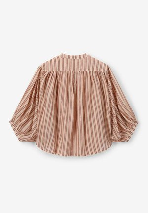 Striped blouse with puff sleeves in muted pink and beige tones. Made from lightweight fabric, featuring a gathering detail at the back.