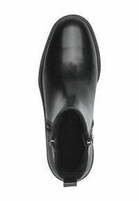 Black leather ankle boot featuring a smooth finish, side zippers, and a rounded toe. Interior lined with soft material for comfort.