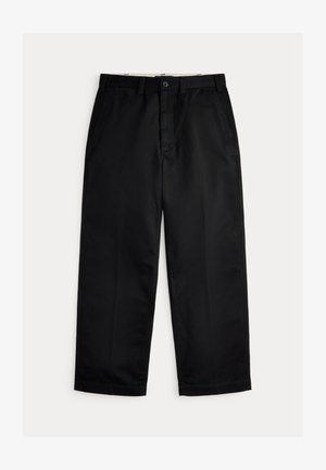 Svarte chinos med rett ben, utstyrt med knappelukking, beltehemper og glatt stofftekstur. Ingen synlige mønstre eller aksenter.