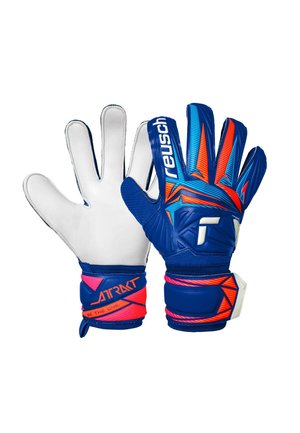 Pair of blue and orange goalkeeper gloves with white palms, featuring bold geometric patterns and "reusch" branding on the backhand and wrist straps.
