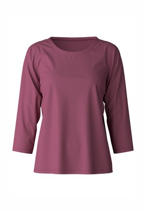 Chemise longue maroon à manches longues avec un col rond et des manches trois-quarts. Fabriquée en tissu lisse avec une coupe décontractée et des détails de couture minimalistes.