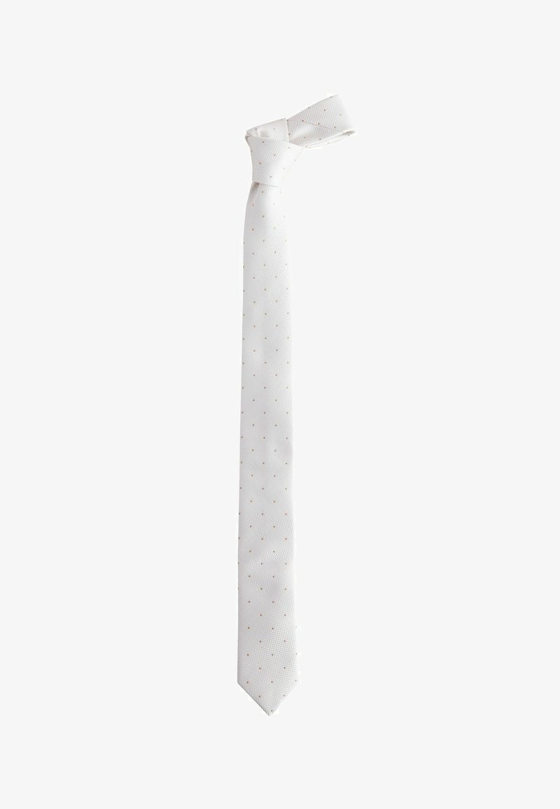 Corbata delgada blanca con un nudo, que presenta un sutil patrón de pequeños puntos multicolores sobre un fondo de tela texturizada.