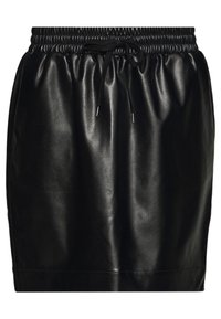 Svart läderskjort med elastisk midja och dragsko-detalj. Slät textur, rak skärning och knä-lång design.