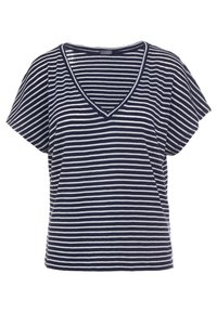 Marineblauw en witte gestreepte T-shirt met korte mouwen en een V-hals, gemaakt van lichtgewicht stof, met een lose pasvorm en een zachte textuur.