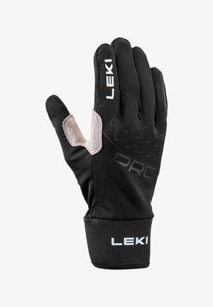 Schwarzer LEKI-Handschuh mit grauem Handflächenpatch, strukturiertem Griffbereich und elastischer Manschette, entworfen für den Außen- oder Sportgebrauch.