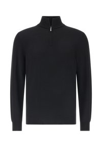 Melna adīta džemperis ar pusi rāvējslēdzēja apkakli, garām piedurknēm, kā arī ribotas aproces un apakšmalu. Gluda tekstūra bez rakstiem vai akcentiem.