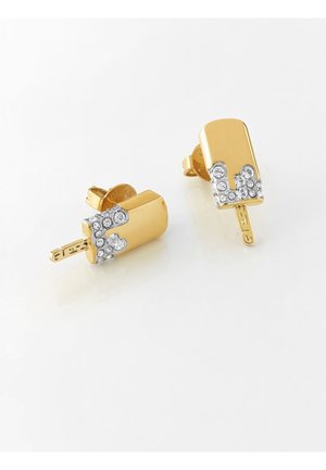 Gold stud earrings shaped like popsicles with silver rhinestone accents at the top on a white background.