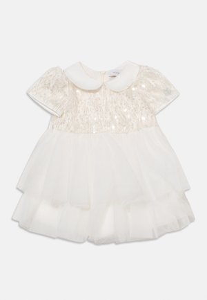Vestito per bebè con maniche corte in pizzo, corpetto con paillettes, colletto bianco Peter Pan e gonna a strati in tulle color avorio.