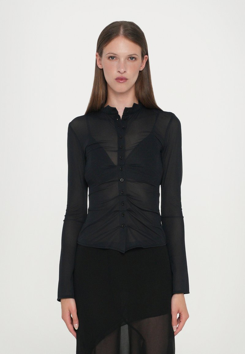 Black button-up shirt with long sleeves, sheer fabric, fitted silhouette, gathers along the front, and a high collar.