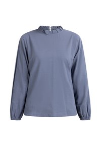 Langsleeve top van zachte, lichtblauwe stof. Heeft een gerimpelde hoge hals en elastische manchetten. Glad textuur, ontspannen pasvorm.