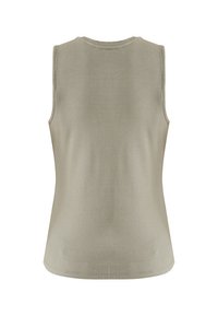 Débardeur côtelé sans manches en vert olive clair. Il présente un col rond et une silhouette ajustée avec une texture lisse.