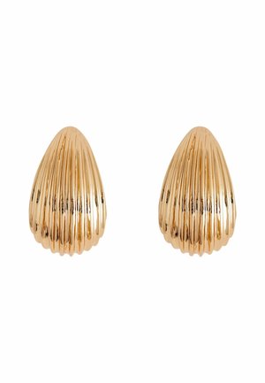 Gold-tone earrings shaped like shells with vertical ribbed texture and a smooth finish. They are teardrop-shaped and polished for shine.