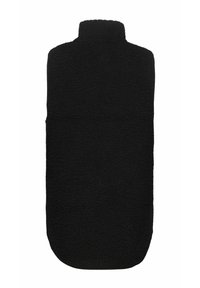 Schwarze Fleece-Weste mit hohem Kragen, die eine strukturierte, weiche Oberfläche und einen geraden Schnitt aufweist. Glatte Kanten ohne sichtbare Beschläge oder Akzente.