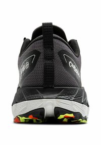 Black running shoe with a textured upper, reflective accents, and a white cushioned sole featuring a multicolored tread pattern.