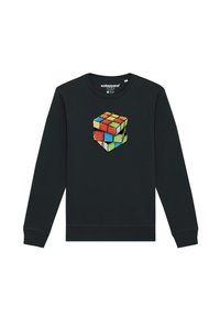 Zwarte sweatshirt met lange mouwen, voorzien van een pixelachtige Rubik's Cube grafiek op de voorkant. Gemaakt van zachte stof met een ronde hals.