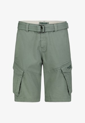 Green cargo shorts made from lightweight fabric, featuring a textured belt, side pockets, and subtle contrast stitching.