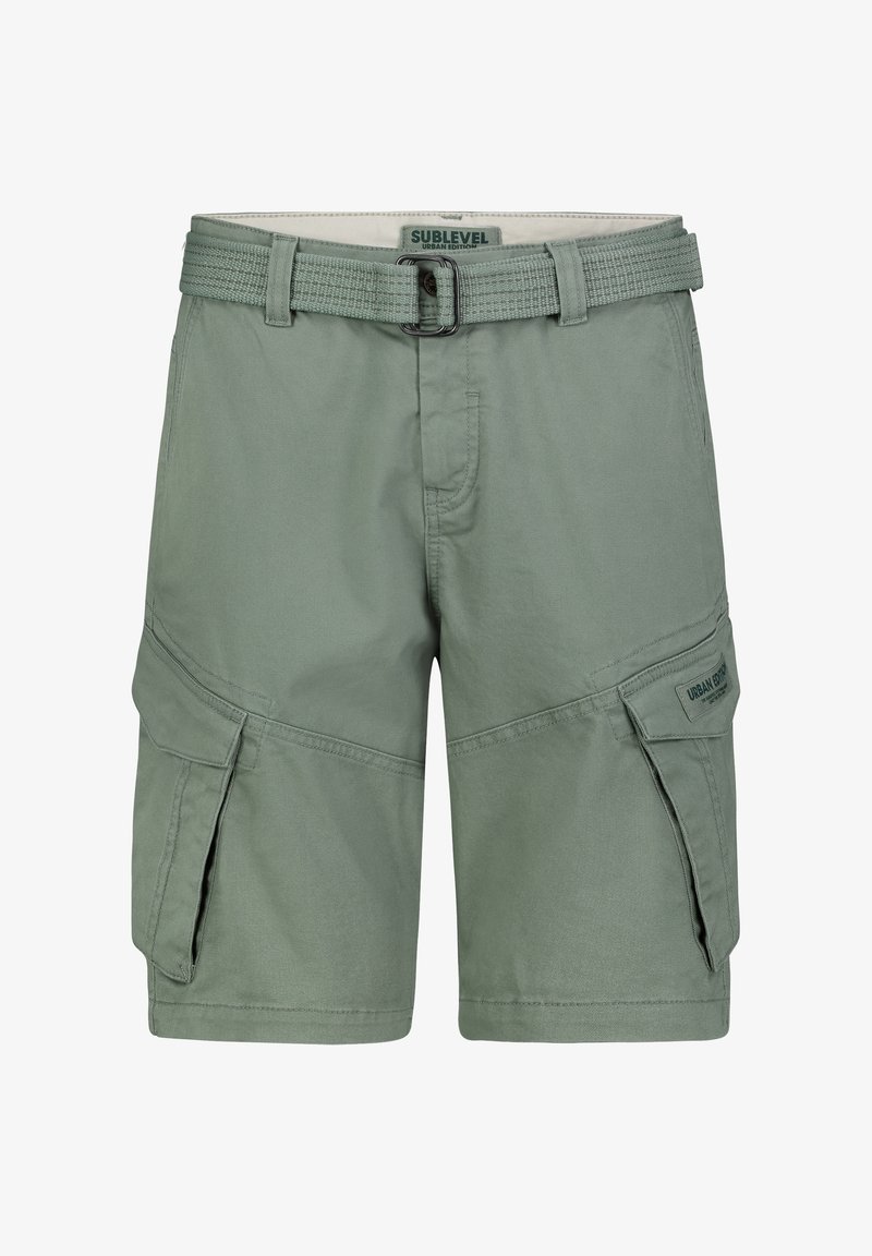 Green cargo shorts made from lightweight fabric, featuring a textured belt, side pockets, and subtle contrast stitching.