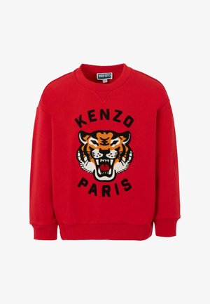 Sweatshirt rouge avec un grand motif de tigre brodé et le texte "KENZO PARIS" en dessous. Encolure ronde classique et poignets côtelés.