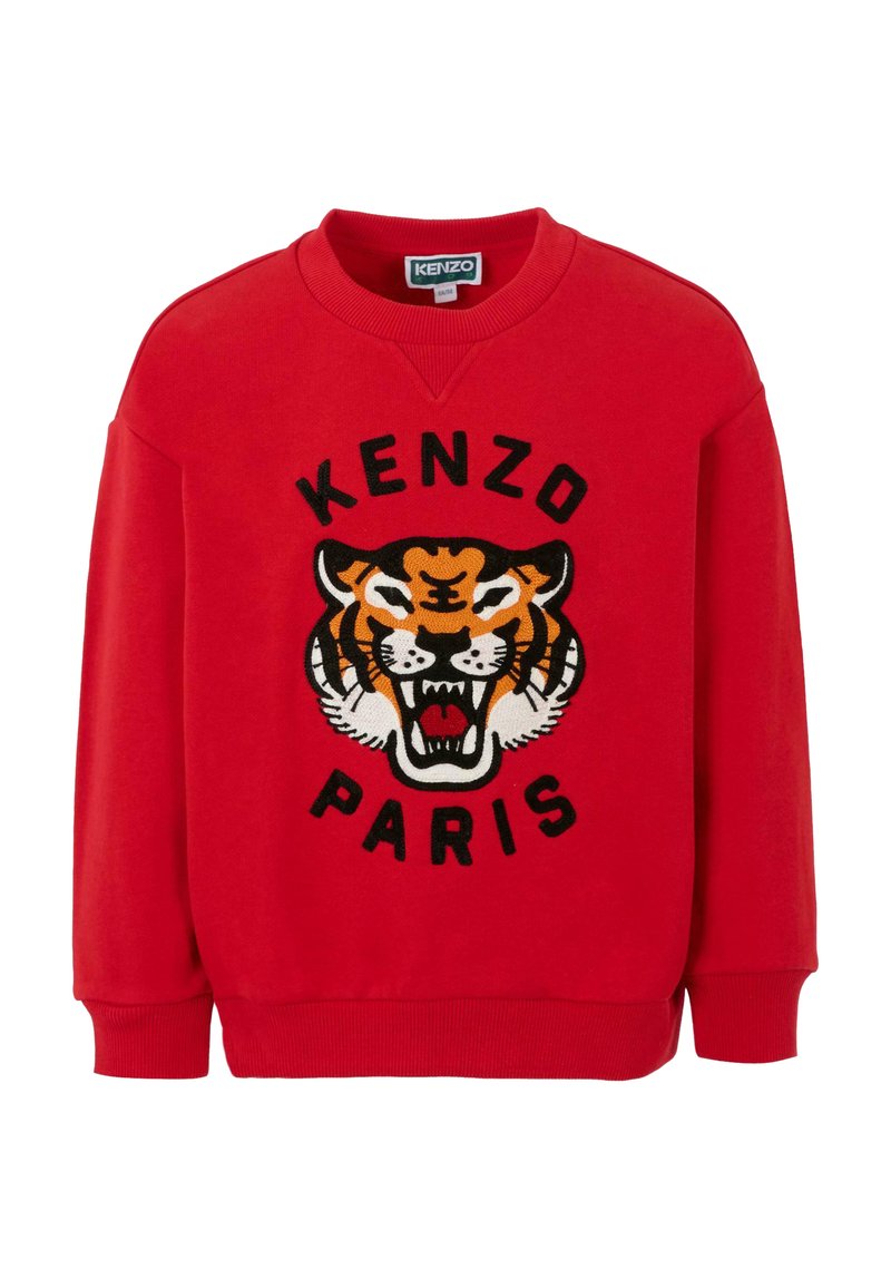 Felpa rossa con un grande motivo ricamato di una tigre e il testo "KENZO PARIS" sottostante. Collo girocollo classico e polsini a coste.