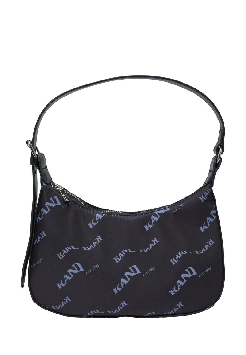 Borsa a spalla in tessuto nero con manico in pelle, caratterizzata da un motivo ripetuto di logo blu "KARL" e una chiusura a zip nella parte superiore.