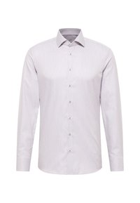 Weißes Langarmhemd mit kleinem navy geometrischem Muster, Button-Down-Kragen und vorderer Knopfleiste. Glatter Baumwollstoff, taillierte Passform.