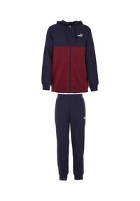 Tuta color-block navy e bordeaux, con felpa con cappuccio e zip, e pantaloni da jogging, realizzata in morbida miscela di cotone, con dettagli logo.