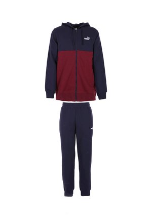 Tuta color-block navy e bordeaux, con felpa con cappuccio e zip, e pantaloni da jogging, realizzata in morbida miscela di cotone, con dettagli logo.