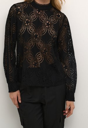 Black lace top with long, puffed sleeves, featuring floral patterns and a high neck. The fabric is semi-transparent with subtle metallic accents.