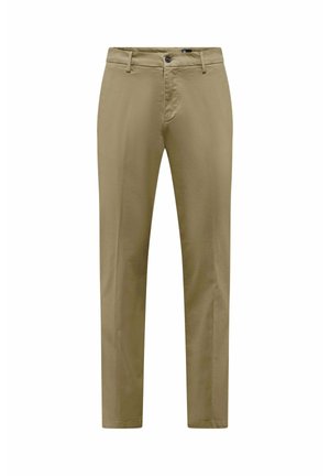 Beżowe bawełniane spodnie o prostym kroju, z przednimi kieszeniami i pojedynczym zapięciem na guzik w pasie. Gładka faktura, minimalistyczny styl.