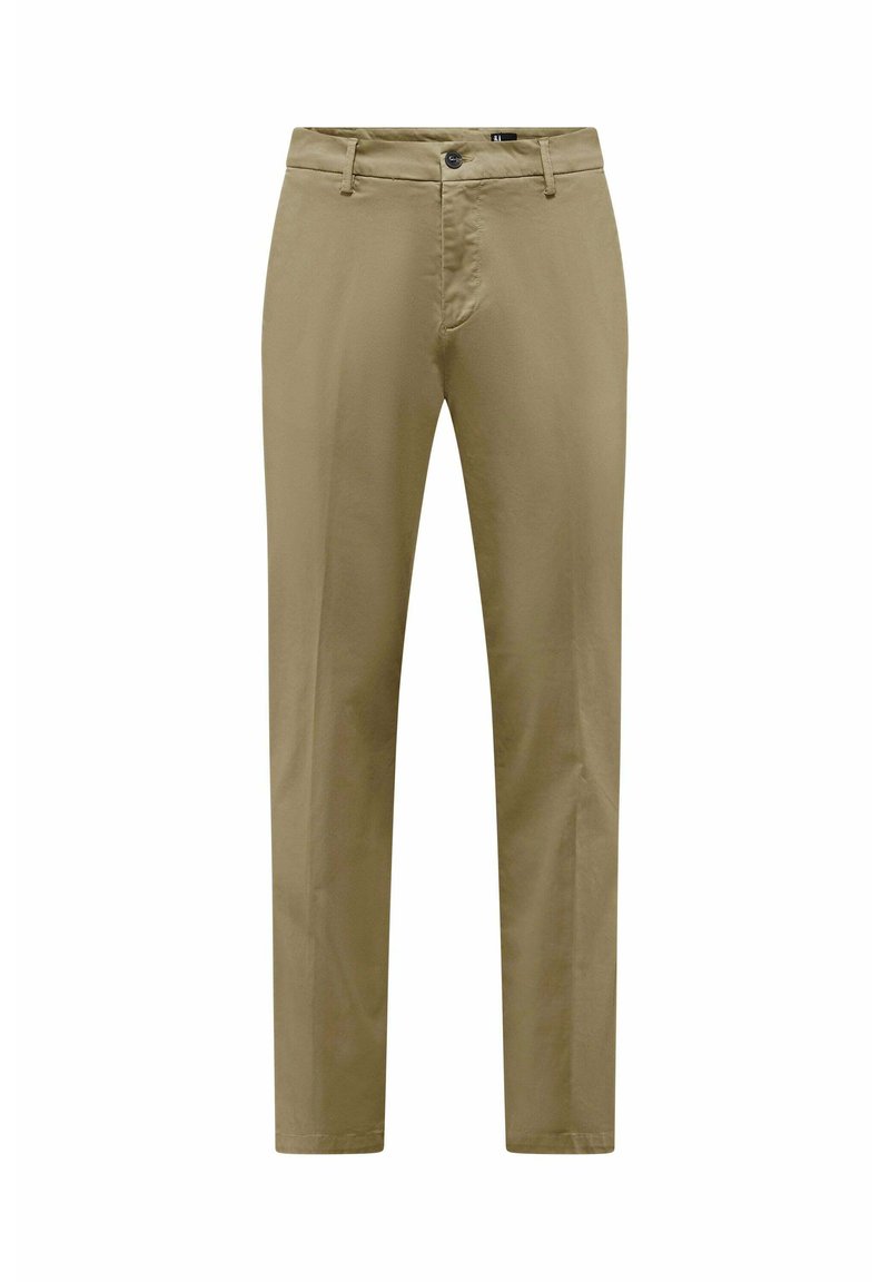 Beige Baumwollhose mit geradem Bein, Fronttaschen und einem einzelnen Knopfverschluss an der Taille. Glatte Textur, minimalistischer Stil.