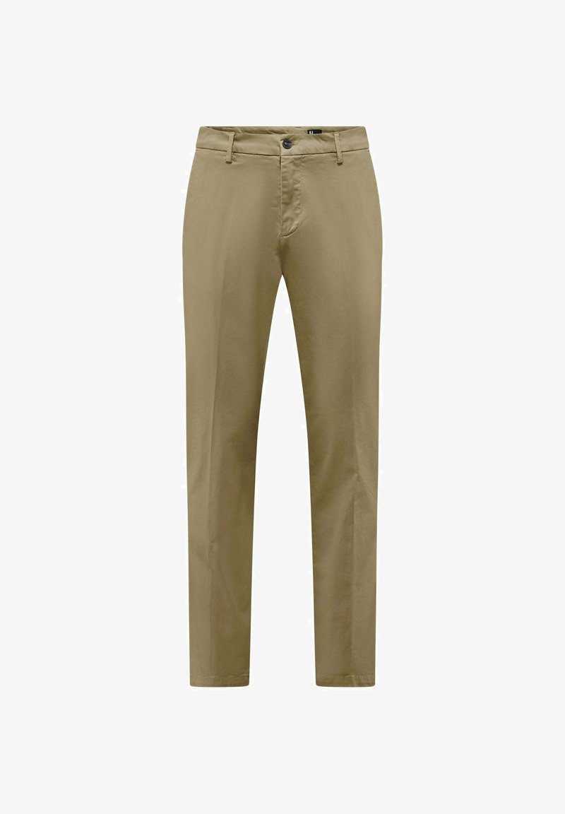 Beige katoenen broek met een recht model, voorzakken en een enkele knoopsluiting in de taille. Gladde textuur, minimalistische stijl.