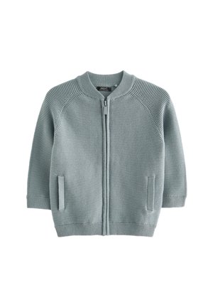 Vaaleanharmaa ribbineulottu neuletakki etuvetoketjulla, kahdella halkiotaskulla ja pyöreällä kauluksella, esitettynä tasaisesti valkoisella taustalla.