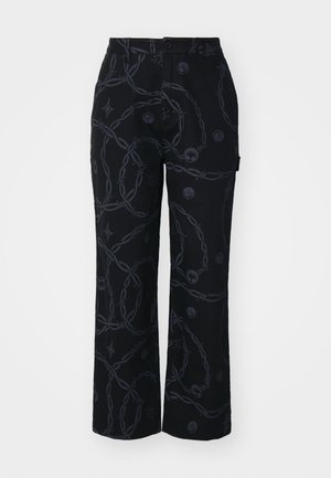 Black wide-leg pants made of fabric featuring a dark chain pattern and round emblem accents. Button closure and side pocket included.