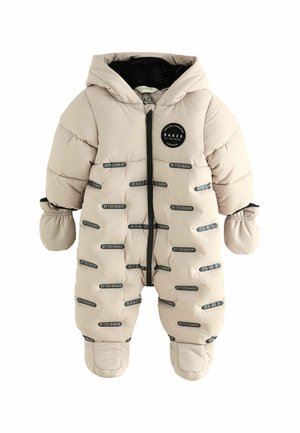 Puffiger beige Babyschneeanzug mit Kapuze, schwarzen Akzenten und Branding auf der Vorderseite, elastischen Bündchen und integrierten Füßlingen.
